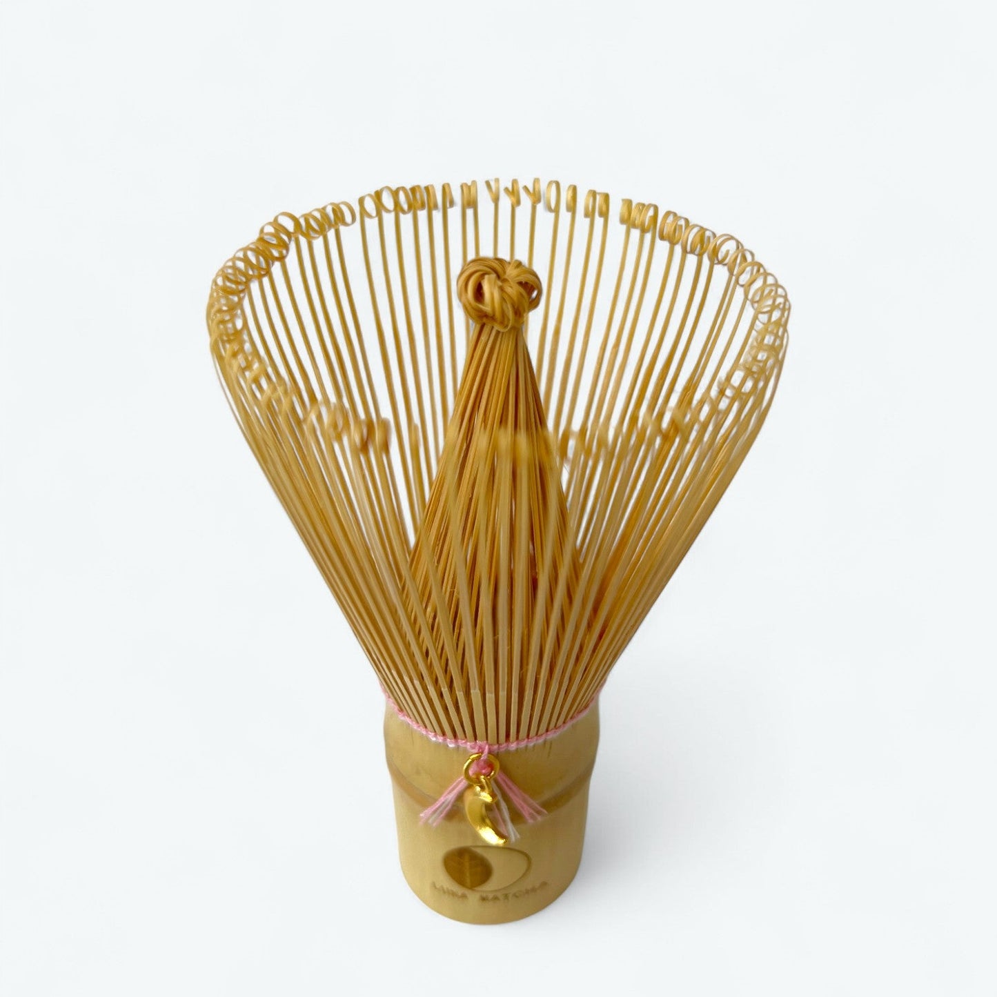 Bamboo Matcha Whisk with Pink String & Moon Charm – 100 Prongs