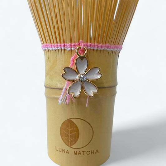 Bamboo Matcha Whisk with Pink String & Cherry Blossom (Sakura) Charm – 100 Prongs