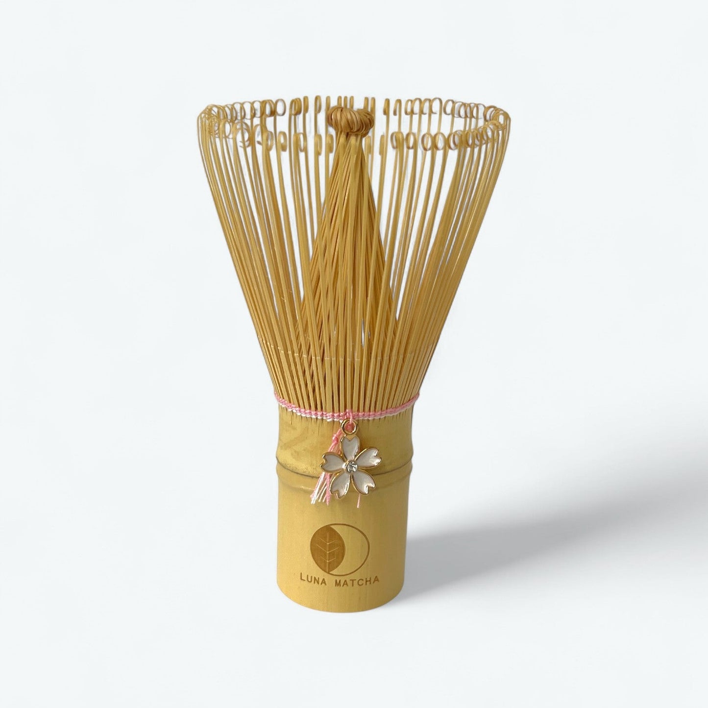 Bamboo Matcha Whisk with Pink String & Cherry Blossom (Sakura) Charm – 100 Prongs
