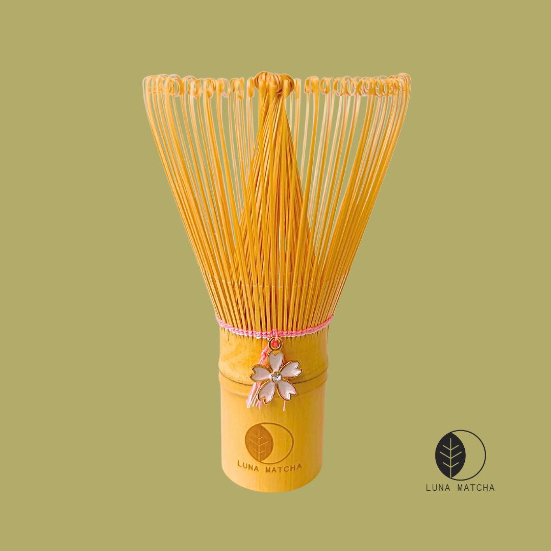 Bamboo Matcha Whisk with Pink String & Cherry Blossom (Sakura) Charm – 100 Prongs