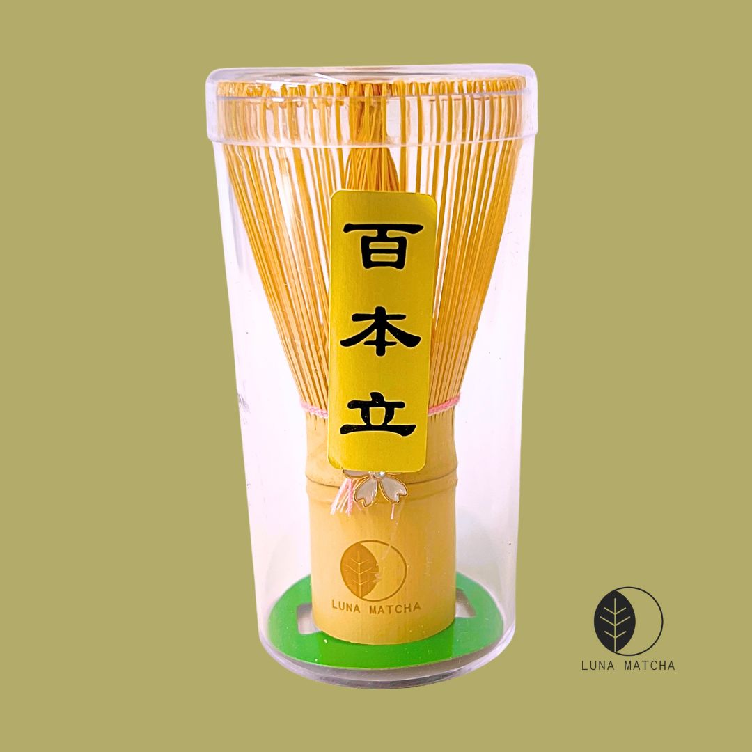 Bamboo Matcha Whisk with Pink String & Cherry Blossom (Sakura) Charm – 100 Prongs
