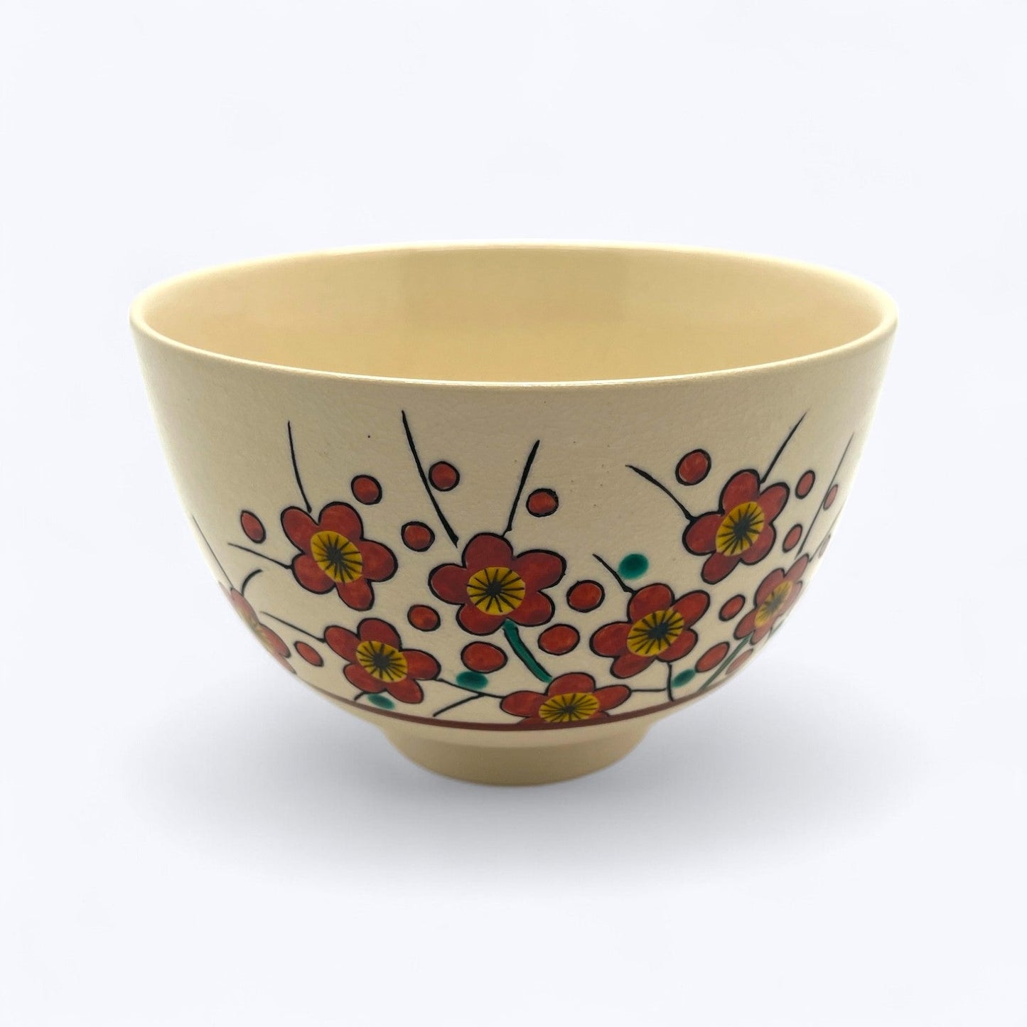VIntage Kutani Ware Matcha Bowl – Plum Blossom Design by Kōzan, with Signed Wooden Box