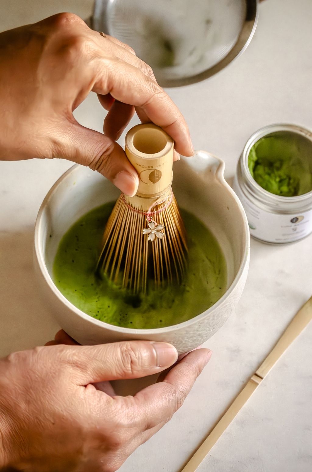 Bamboo Matcha Whisk with Pink String & Cherry Blossom (Sakura) Charm β 100 Prongs