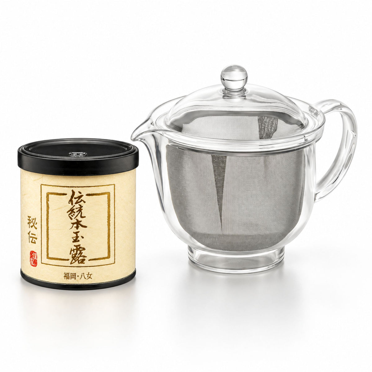 Hoshino Seichaen Yame Gyokuro 50g tea canister beside a clear 480mL Japanese teapot with stainless steel infuser