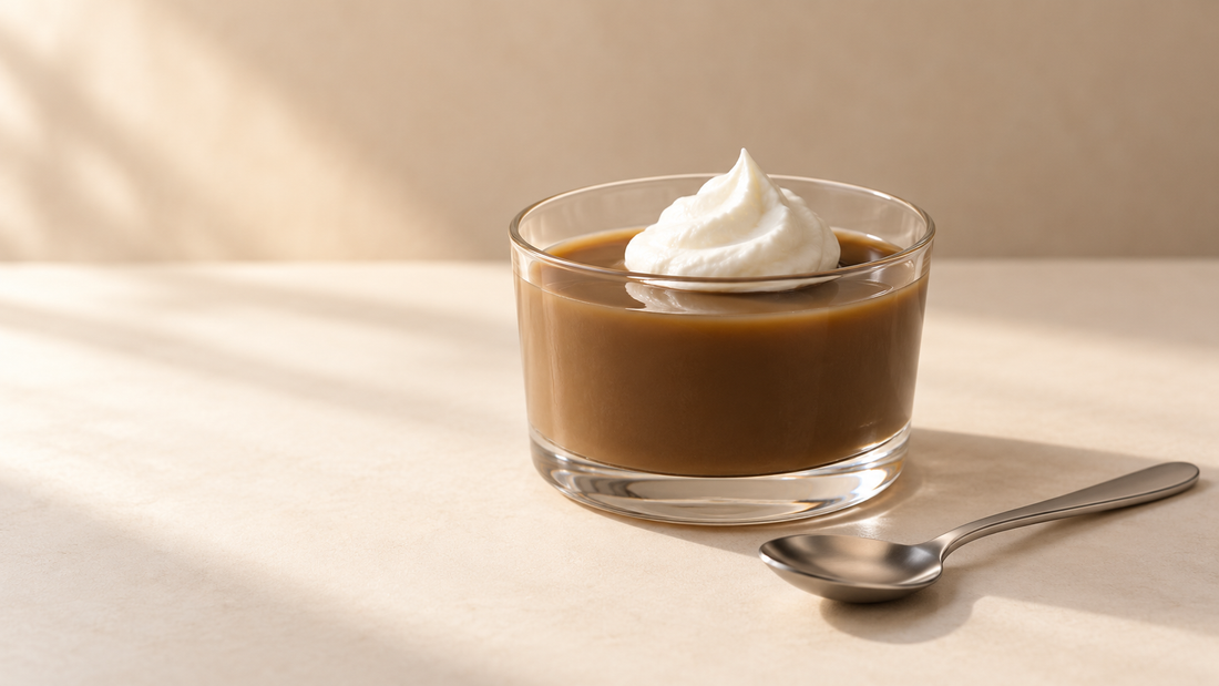 Hojicha jelly topped with whipped cream in a glass dessert cup on an ivory tabletop.