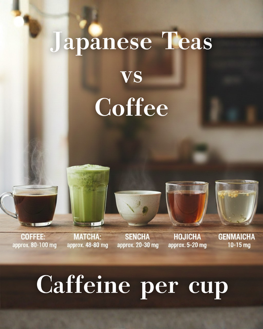 Caffeine comparison per cup showing matcha, coffee, sencha, hojicha, and genmaicha