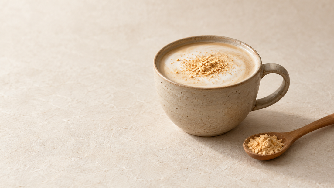 Hojicha kinako latte in a ceramic cup beside a wooden spoon of roasted soybean flour.