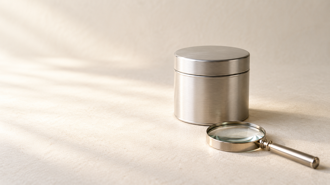 A plain silver tea tin beside a magnifying glass on an ivory background.