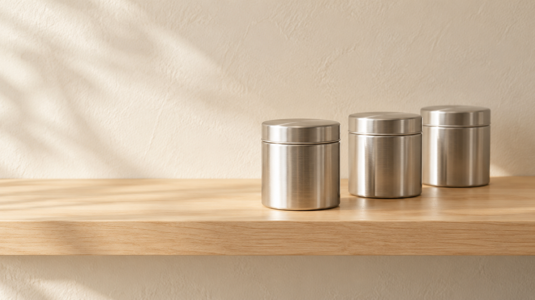 Three plain silver tea tins arranged on a light wooden shelf.