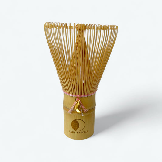 Bamboo Matcha Whisk with Pink String & Moon Charm – 100 Prongs