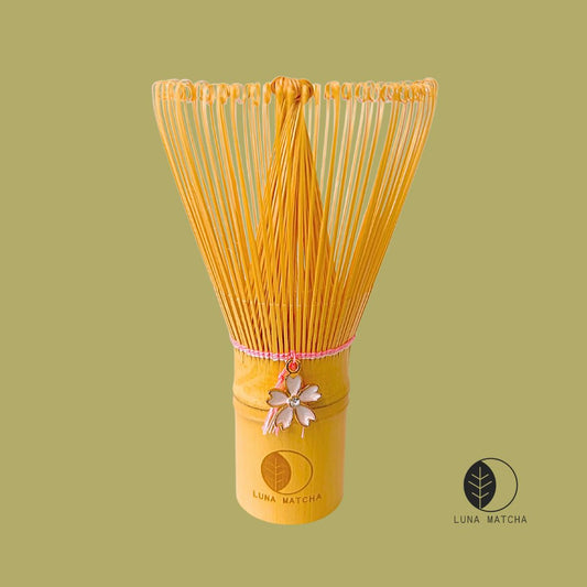 Bamboo Matcha Whisk with Pink String & Cherry Blossom (Sakura) Charm – 100 Prongs