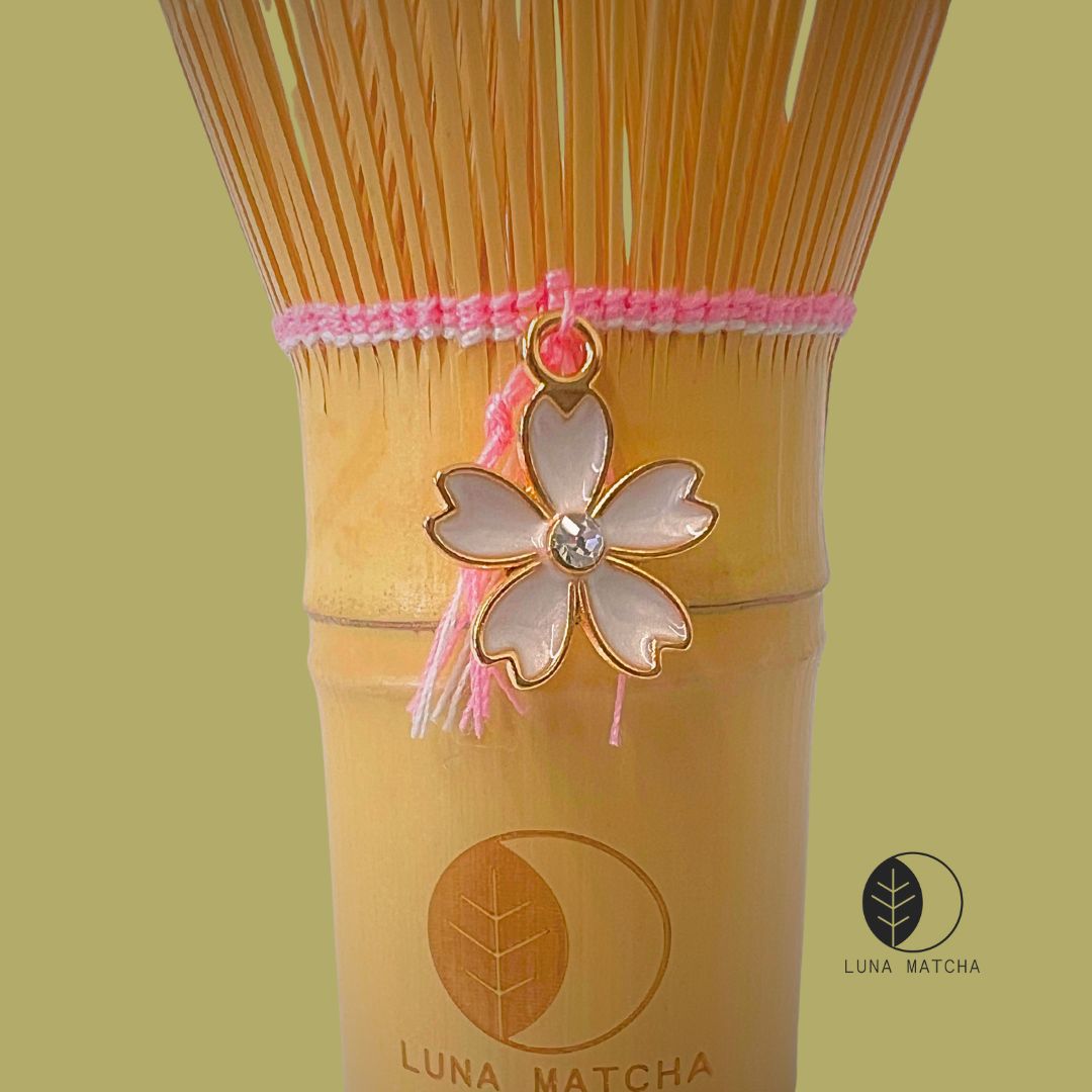 Bamboo Matcha Whisk with Pink String & Cherry Blossom (Sakura) Charm – 100 Prongs