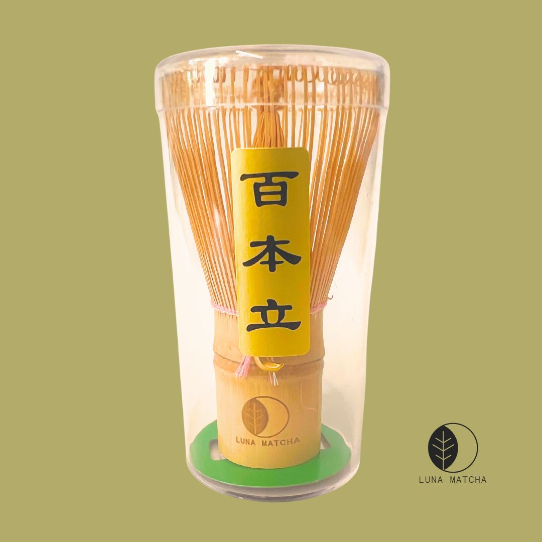 Bamboo Matcha Whisk with Pink String & Moon Charm – 100 Prongs