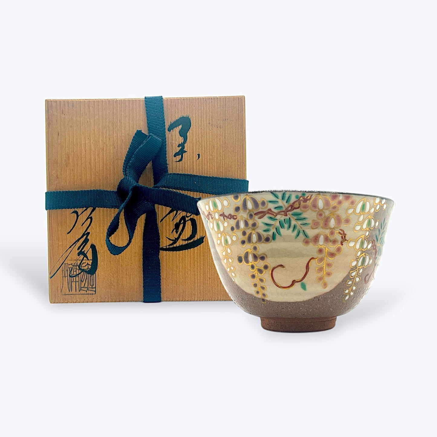Vintage Hand-Painted Japanese Tea Bowl – Wisteria Design Chawan with Signed Wooden Box
