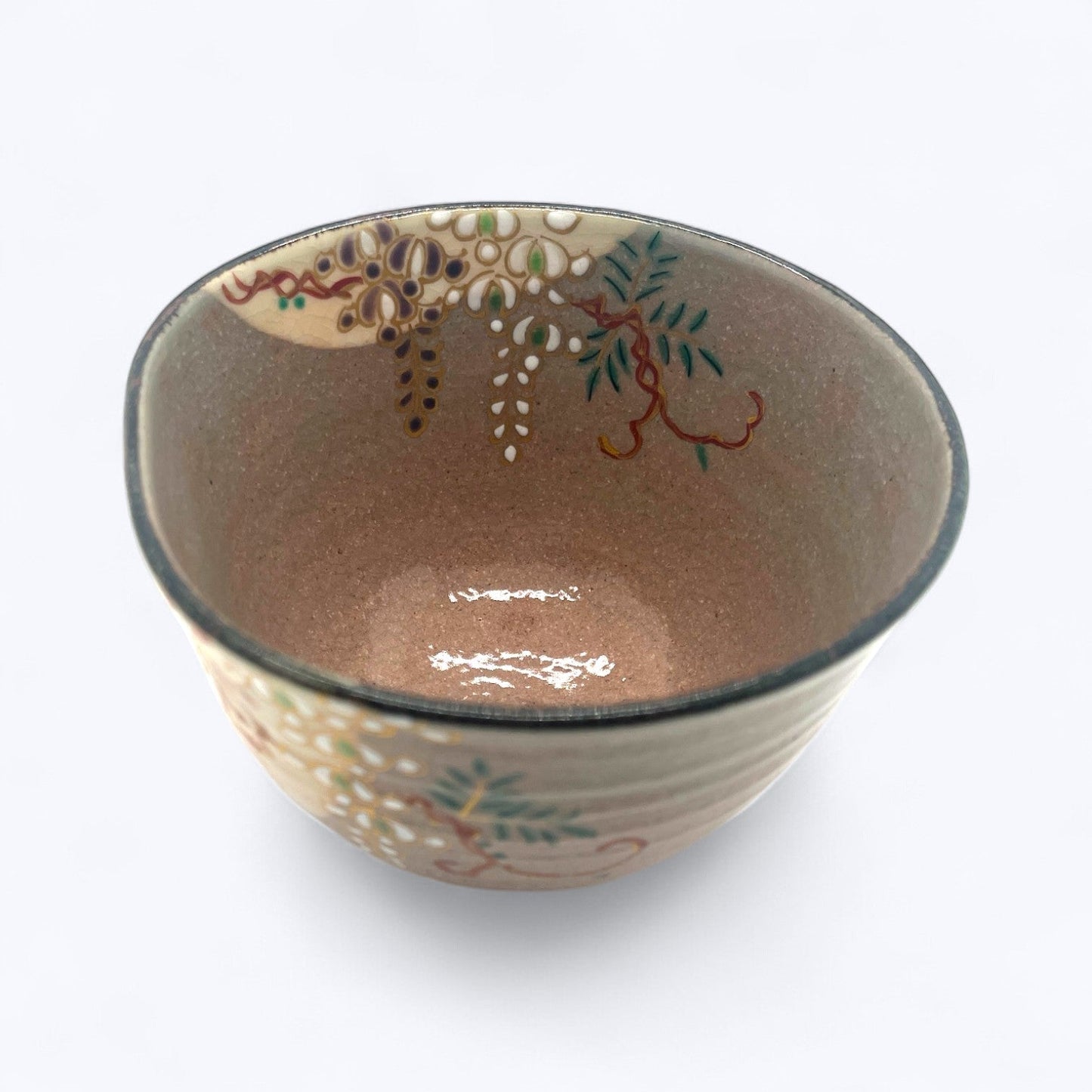 Vintage Hand-Painted Japanese Tea Bowl – Wisteria Design Chawan with Signed Wooden Box