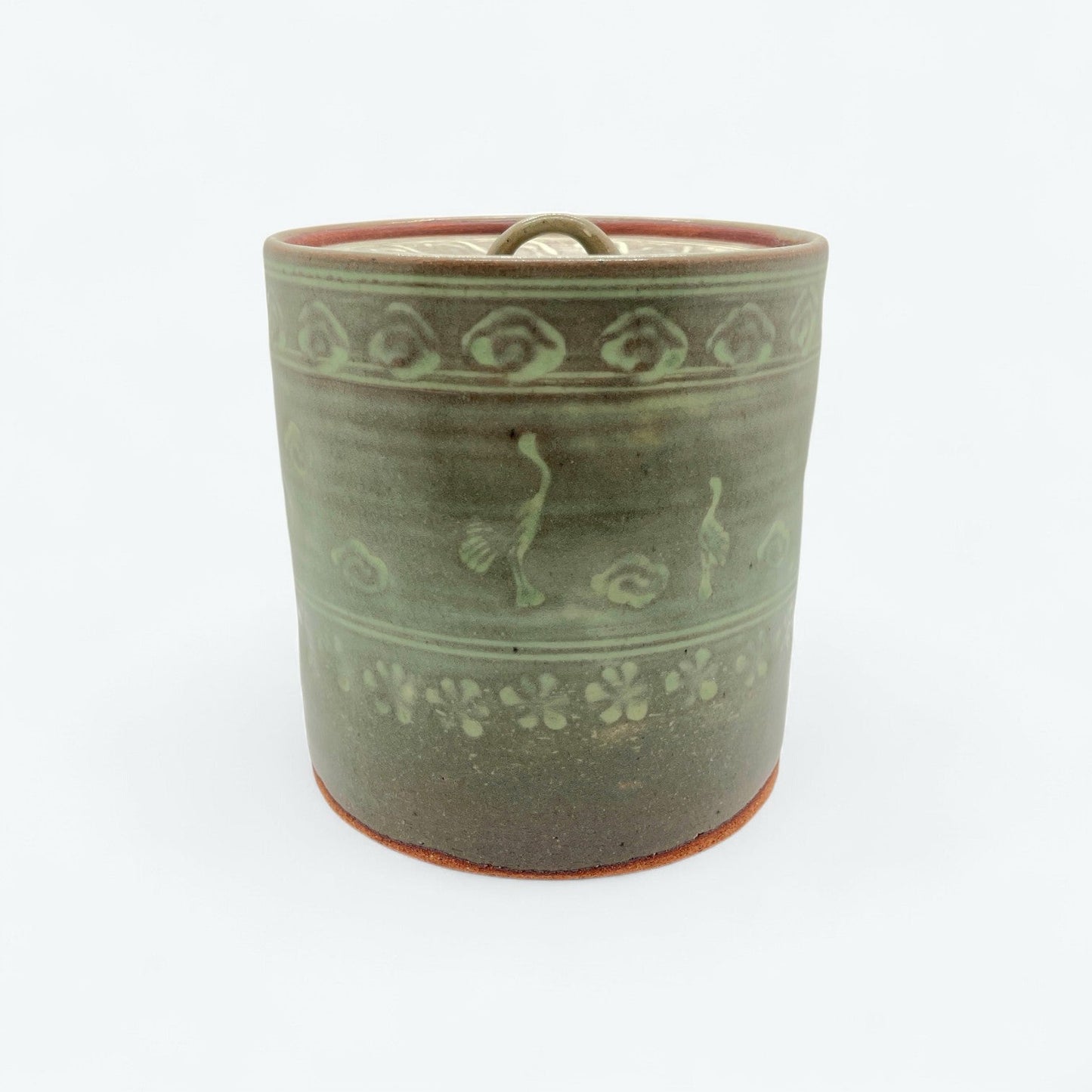 Vintage Seiwa Kiln Celadon Mizusashi with Cloud & Crane Motif – Showa-Era Japanese Tea Ceremony Jar